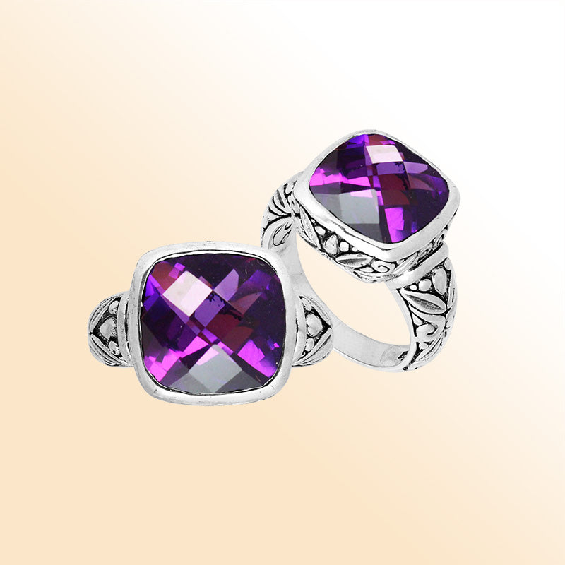 Sterling Silver Ring With Faceted Amethyst Quartz And Balinese Carved Band
