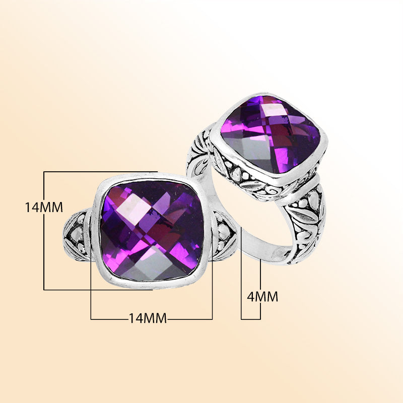Sterling Silver Ring With Faceted Amethyst Quartz And Balinese Carved Band