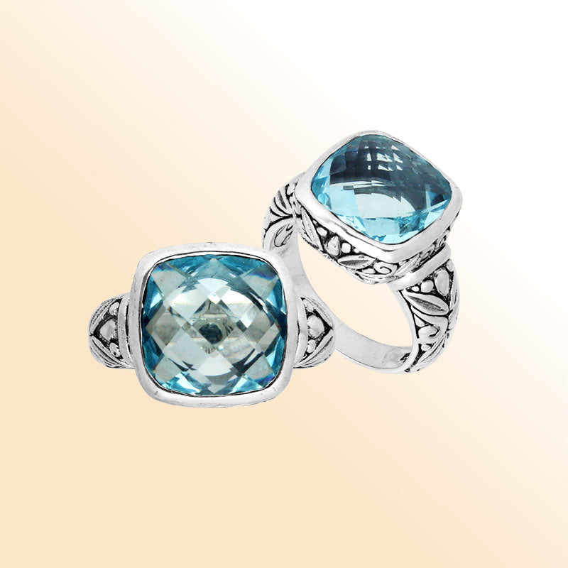 Sterling Silver Ring With Faceted Blue Topaz Quartz And Balinese Carved Band