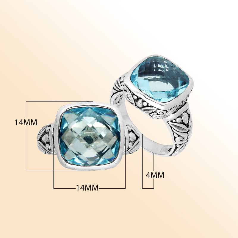 Sterling Silver Ring With Faceted Blue Topaz Quartz And Balinese Carved Band