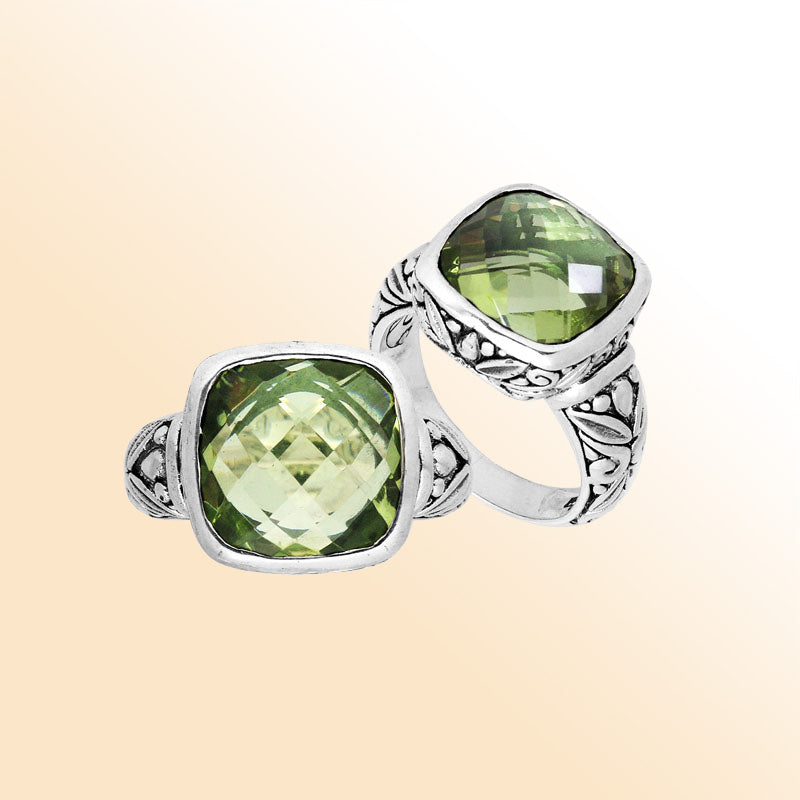 Sterling Silver Ring With Faceted Green Amethyst Quartz And Balinese Carved Band