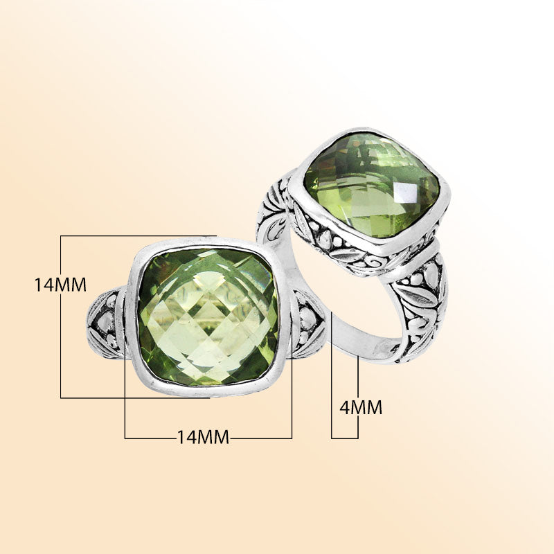 Sterling Silver Ring With Faceted Green Amethyst Quartz And Balinese Carved Band