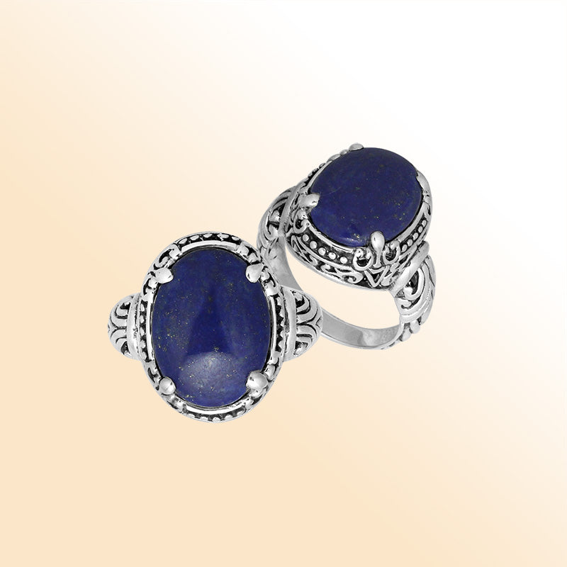 Sterling Silver Oval Shape Lapis Lazuli Ring With Balinese Carved Band For Women
