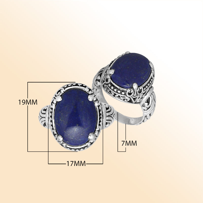 Sterling Silver Oval Shape Lapis Lazuli Ring With Balinese Carved Band For Women