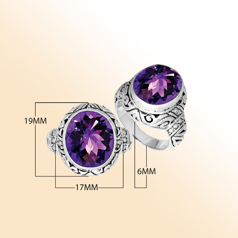 Sterling Silver Amethyst Quartz Ring With Balinese Carved Band For Women