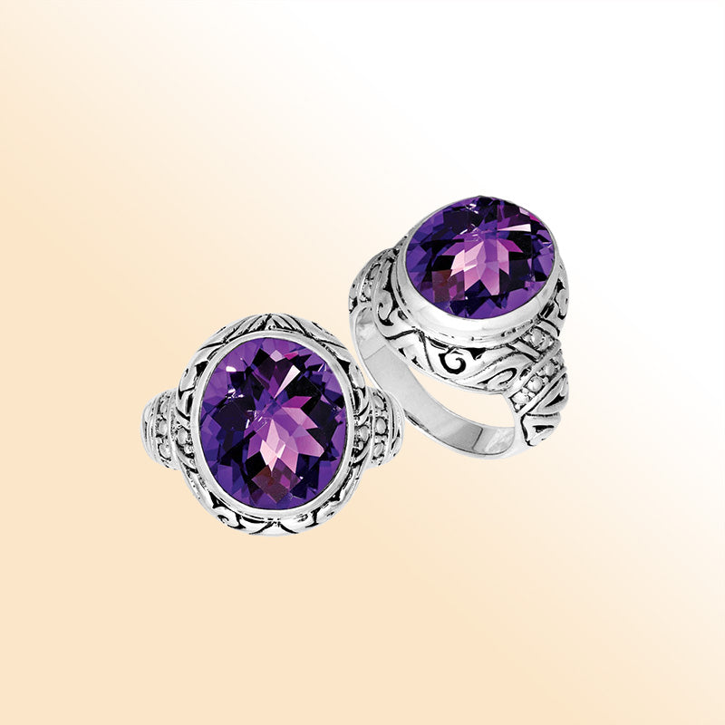 Sterling Silver Amethyst Quartz Ring With Balinese Carved Band For Women