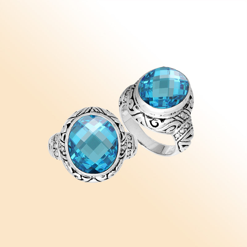 Sterling Silver Blue Topaz Quartz Ring With Balinese Carved Band For Women