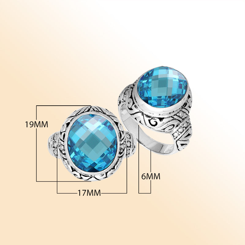 Sterling Silver Blue Topaz Quartz Ring With Balinese Carved Band For Women
