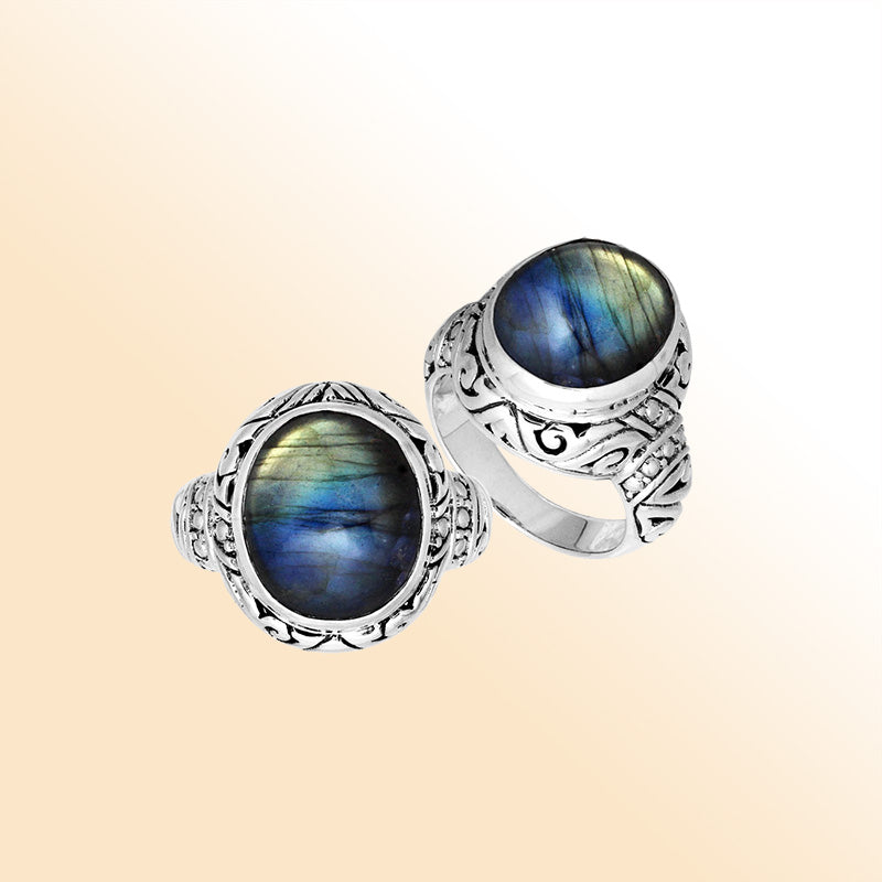 Sterling Silver Labradorite Ring With Balinese Carved Band For Women