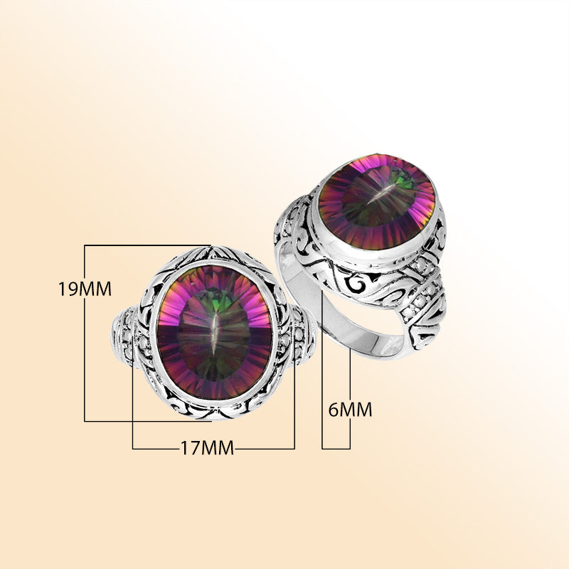 Sterling Silver Mystic Quartz Ring With Balinese Carved Band For Women