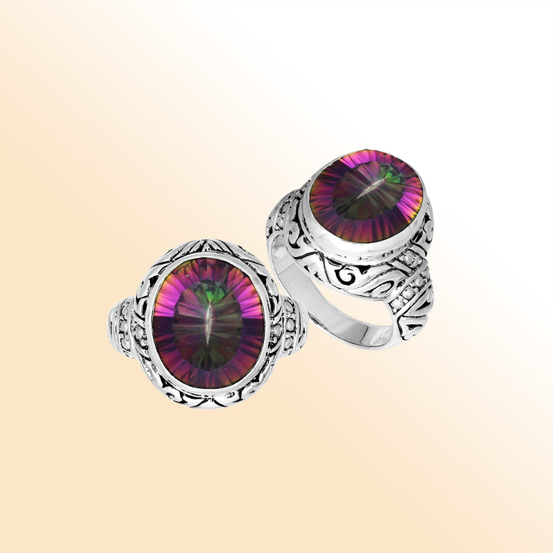 Sterling Silver Mystic Quartz Ring With Balinese Carved Band For Women