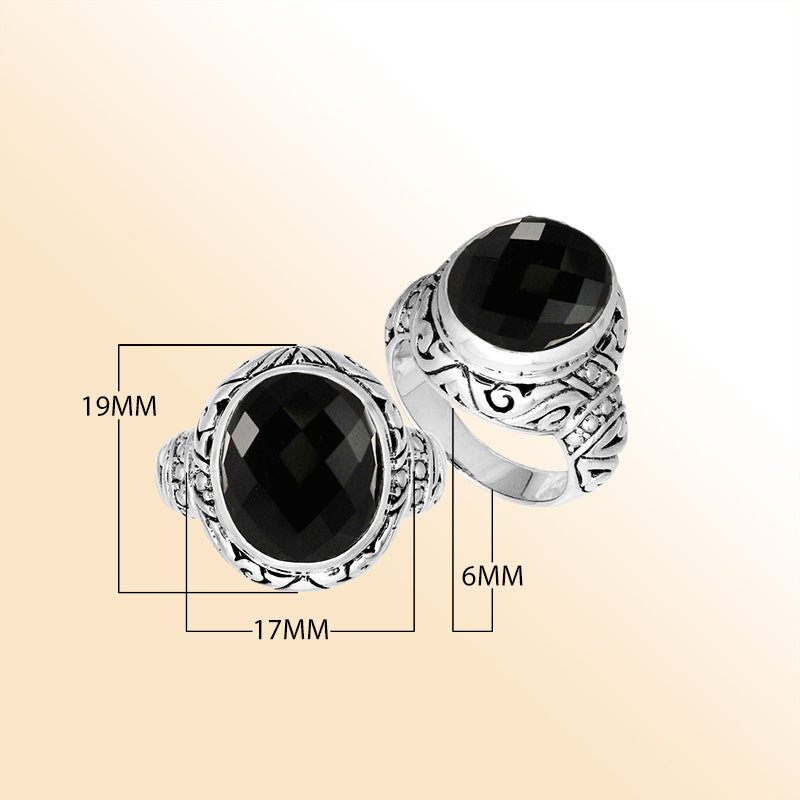 Sterling Silver Black Onyx Quartz Ring With Balinese Carved Band For Women