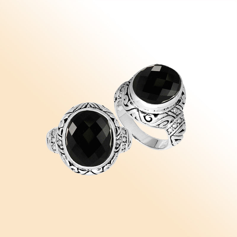 Sterling Silver Black Onyx Quartz Ring With Balinese Carved Band For Women