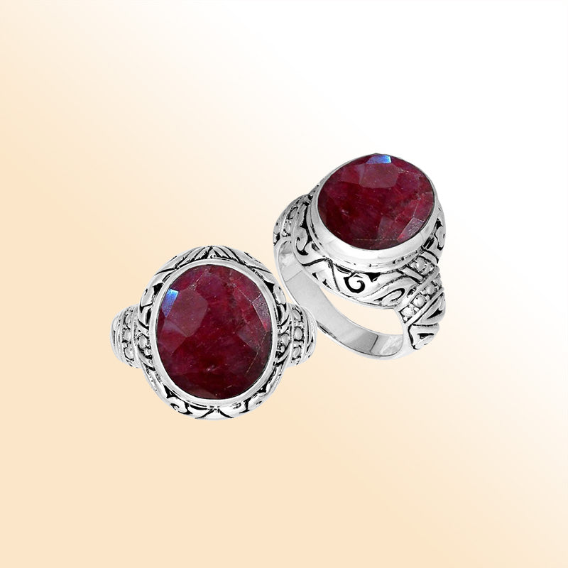 Sterling Silver Ruby Quartz Ring With Balinese Carved Band For Women