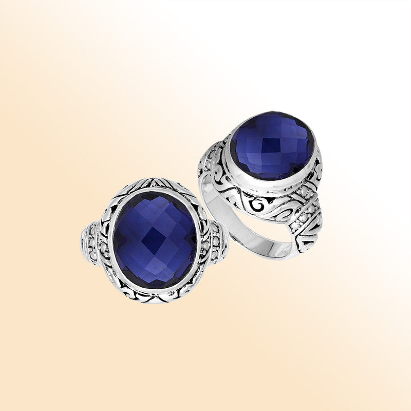 Sterling Silver Sapphire Quartz Ring With Balinese Carved Band For Women