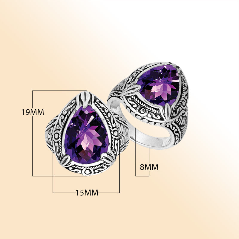 Sterling Silver Amethyst Quartz Ring With Balinese Leaf Carved Band For Women