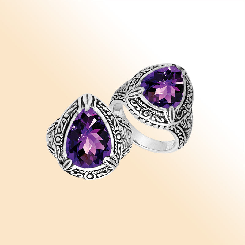 Sterling Silver Amethyst Quartz Ring With Balinese Leaf Carved Band For Women