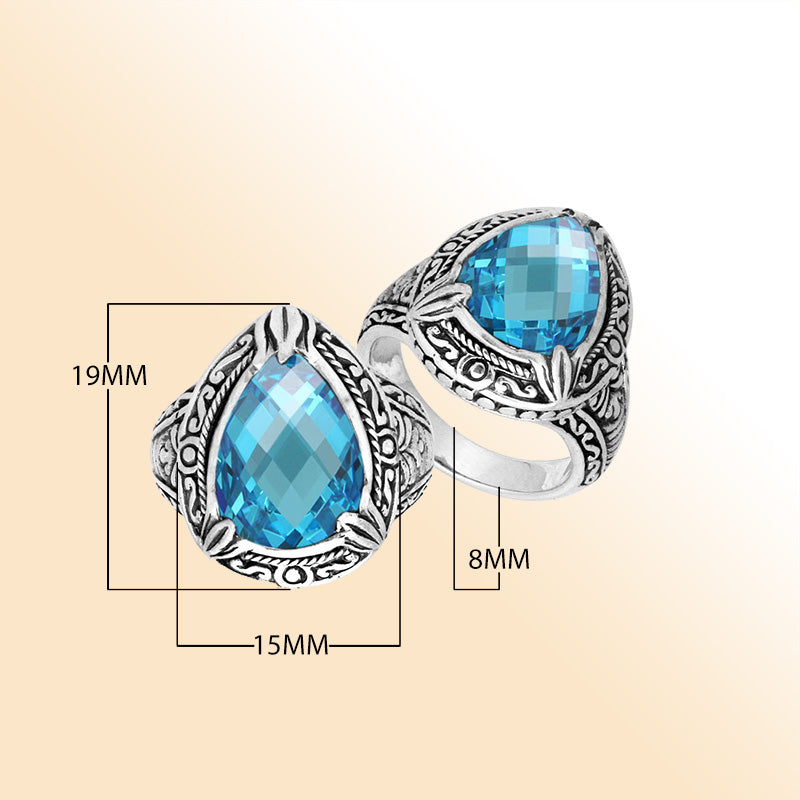Sterling Silver Blue Topaz Quartz Ring With Balinese Carved Band For Women