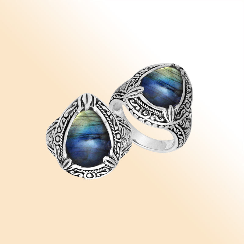 Sterling Silver Labradorite Ring With Balinese Carved Band For Women