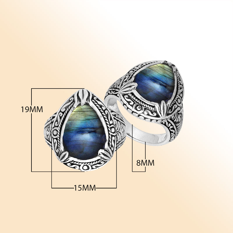 Sterling Silver Labradorite Ring With Balinese Carved Band For Women
