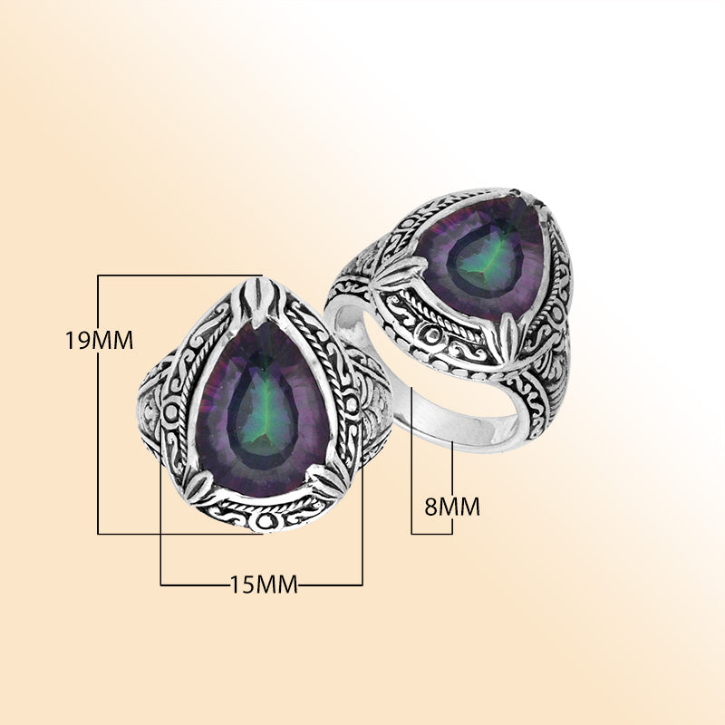 Sterling Silver Mystic Quartz Ring With Balinese Carved Band For Women