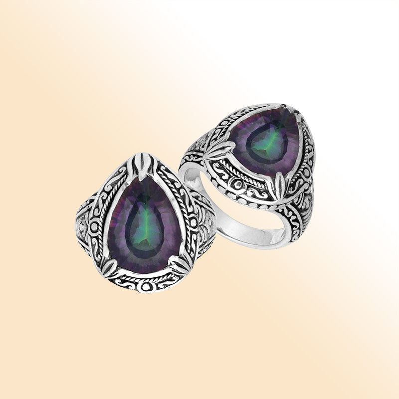 Sterling Silver Mystic Quartz Ring With Balinese Carved Band For Women