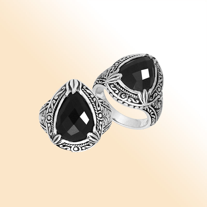 Sterling Silver Black Onyx Quartz Ring With Balinese Carved Band For Women