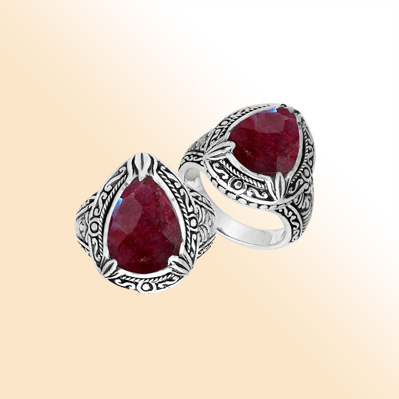 Sterling Silver Ruby Quartz Ring With Balinese Carved Band For Women