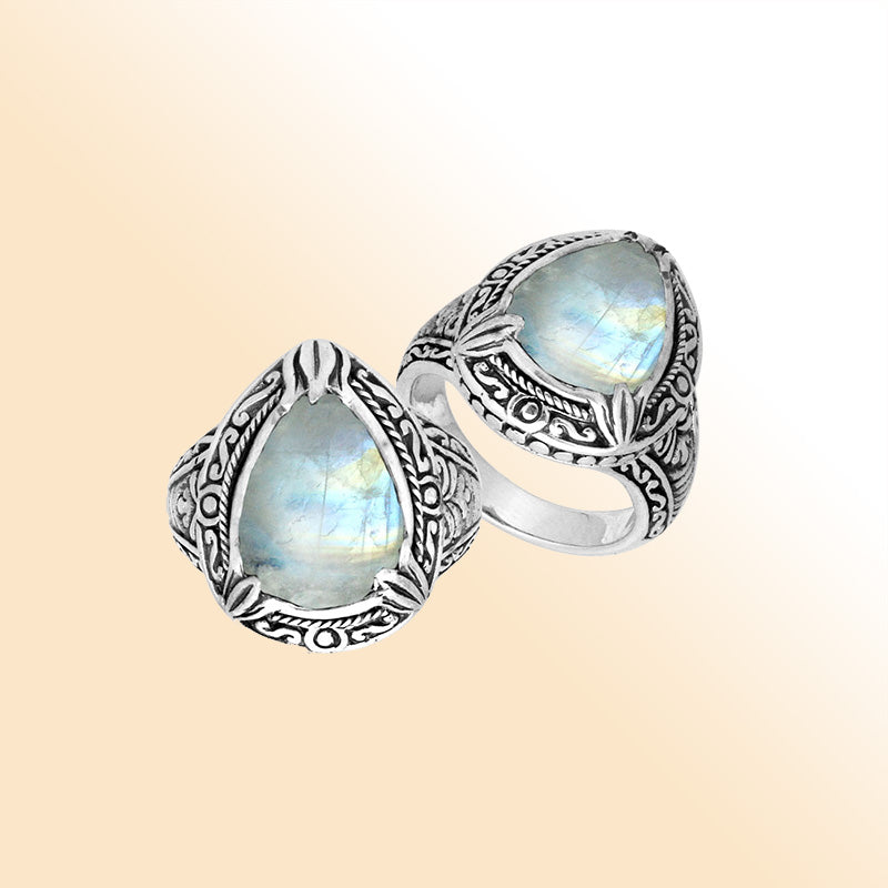 Sterling Silver Rainbow Moonstone Ring With Balinese Carved Band For Women