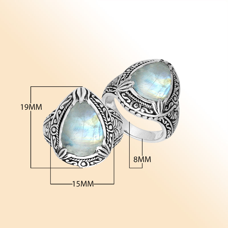 Sterling Silver Rainbow Moonstone Ring With Balinese Carved Band For Women