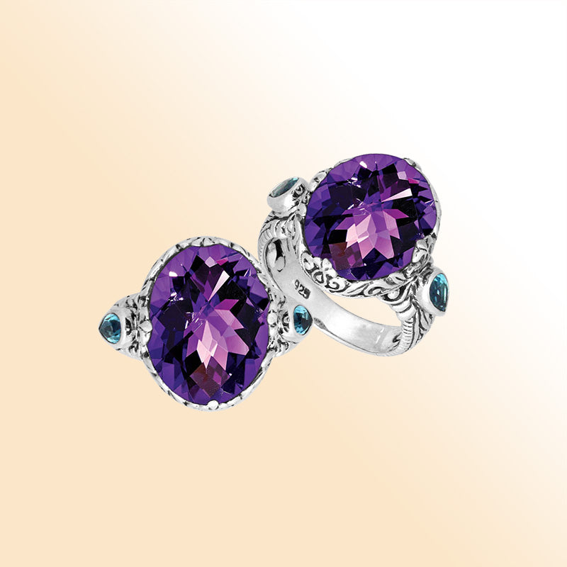 Sterling Silver Amethyst Quartz Oval Shape Ring With Balinese Carved Band For Women