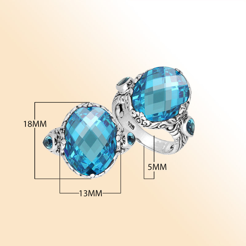 Sterling Silver Blue Topaz Quartz Oval Shape Ring With Balinese Carved Band For Women