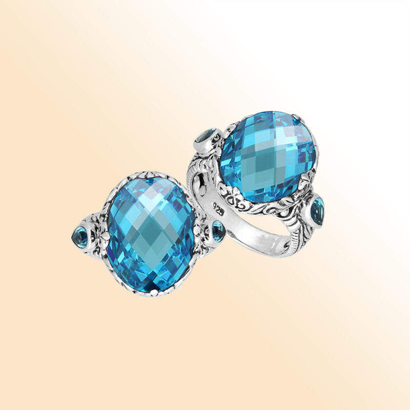 Sterling Silver Blue Topaz Quartz Oval Shape Ring With Balinese Carved Band For Women
