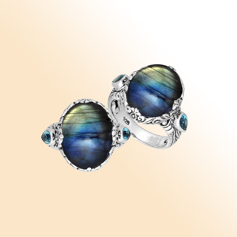 Sterling Silver Labradorite Oval Shape Ring With Balinese Carved Band For Women