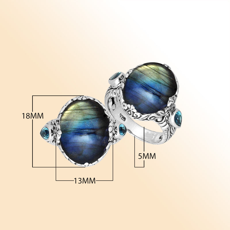 Sterling Silver Labradorite Oval Shape Ring With Balinese Carved Band For Women