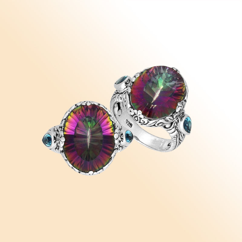 Sterling Silver Mystic Quartz Oval Shape Ring With Balinese Carved Band For Women