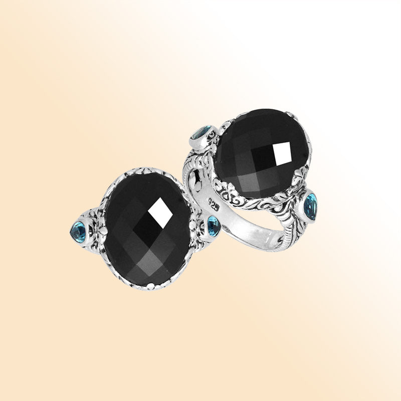 Sterling Silver Black Onyx Quartz Oval Shape Ring With Balinese Carved Band For Women