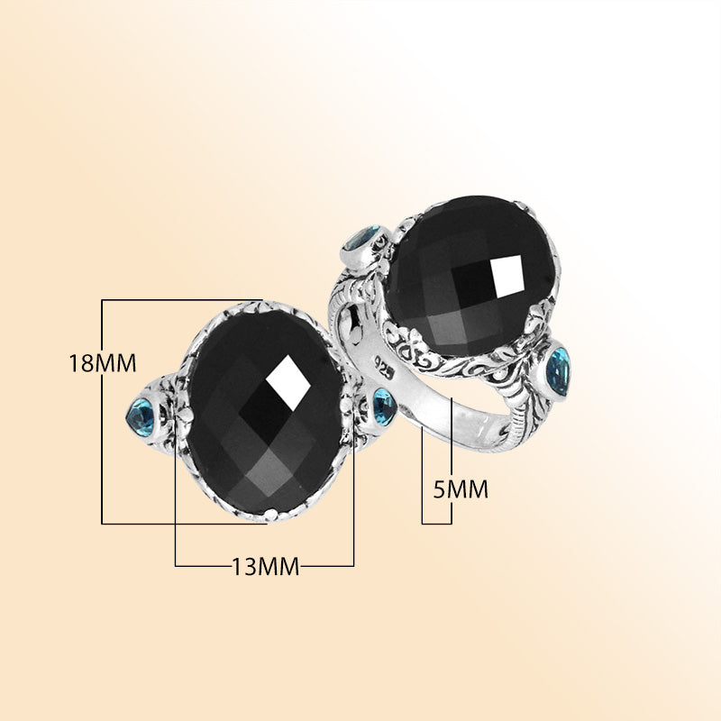 Sterling Silver Black Onyx Quartz Oval Shape Ring With Balinese Carved Band For Women