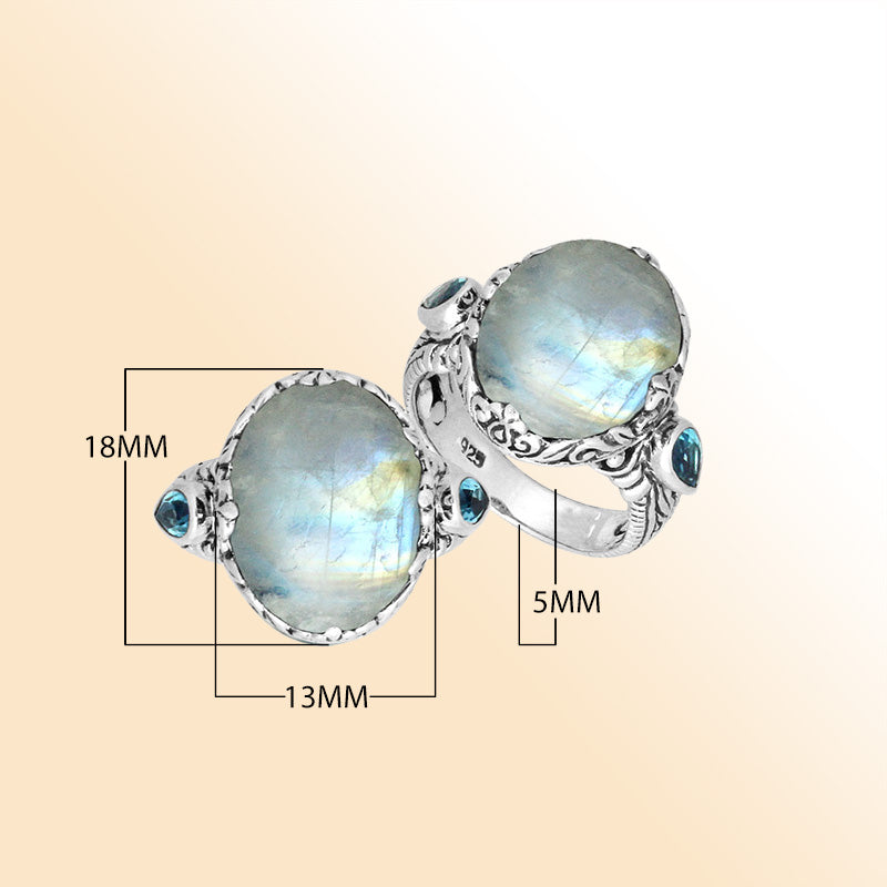 Sterling Silver Rainbow Moonstone Oval Shape Ring With Balinese Carved Band For Women