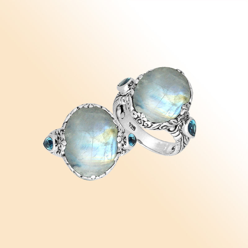Sterling Silver Rainbow Moonstone Oval Shape Ring With Balinese Carved Band For Women