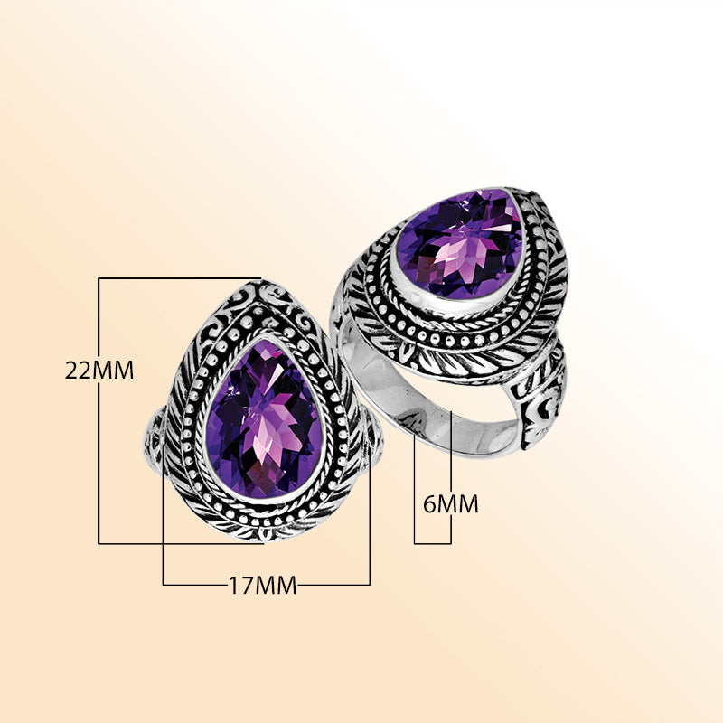 Sterling Silver Pear Shape Amethyst Quartz Ring With Balinese Carved Band For Women