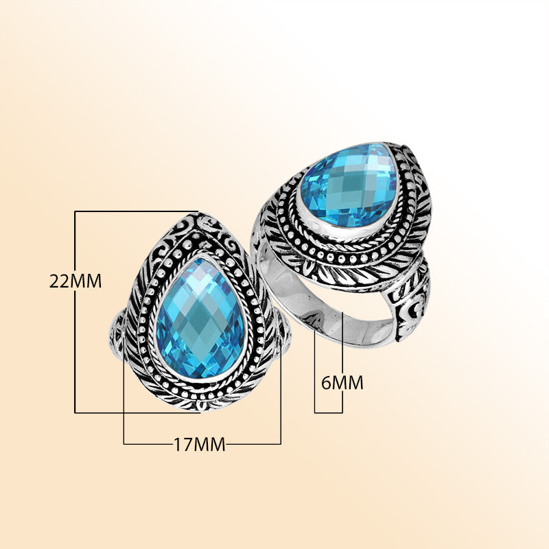 Sterling Silver Pear Shape Blue Topaz Quartz Ring With Balinese Carved Band For Women