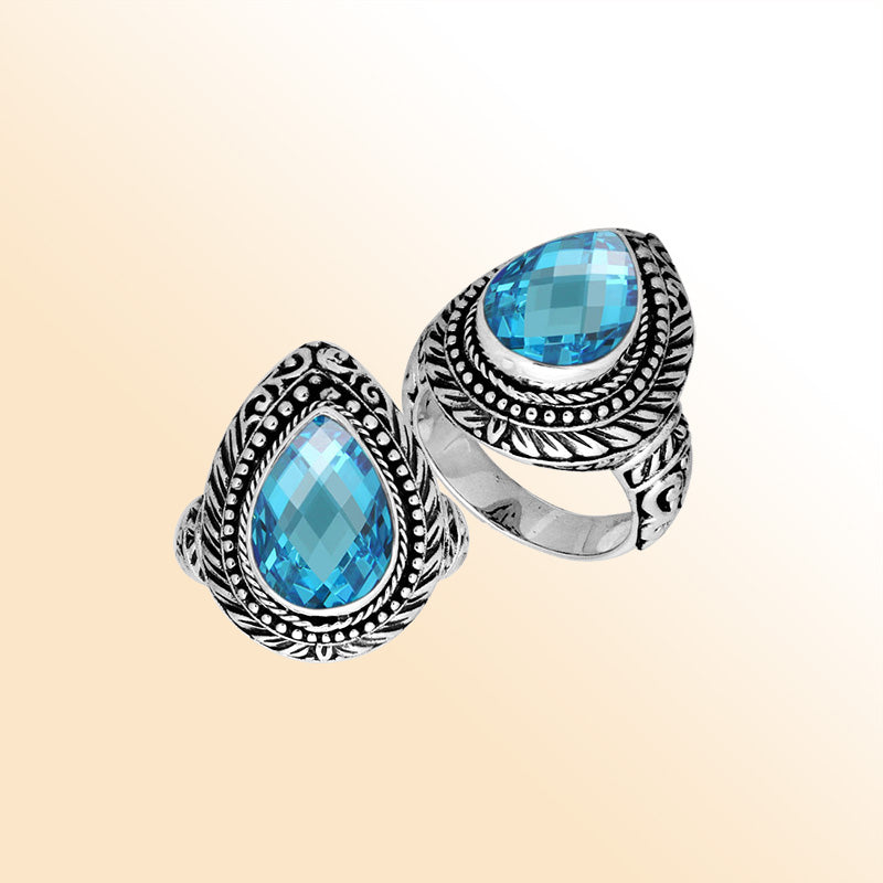 Sterling Silver Pear Shape Blue Topaz Quartz Ring With Balinese Carved Band For Women
