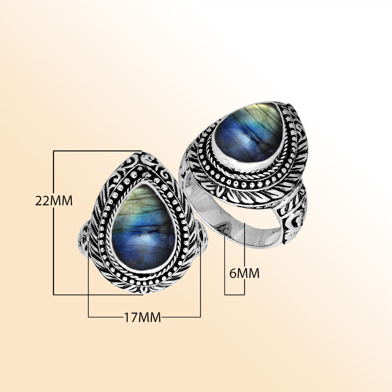 Sterling Silver Pear Shape Labradorite Ring With Balinese Carved Band For Women