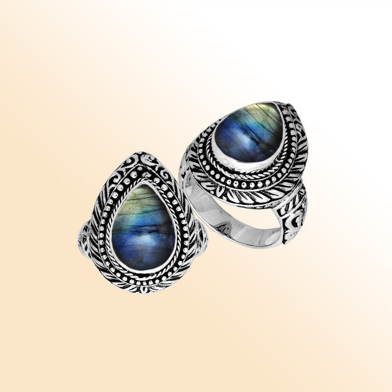 Sterling Silver Pear Shape Labradorite Ring With Balinese Carved Band For Women