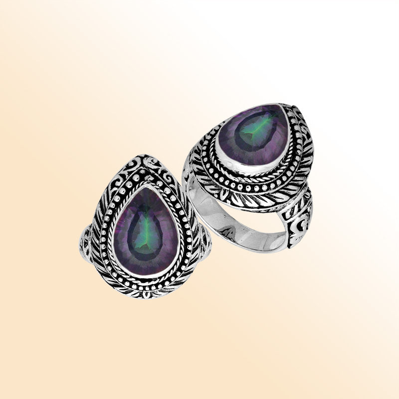 Sterling Silver Balinese Mystic Quartz Ring With Elegant Pear Shape Design