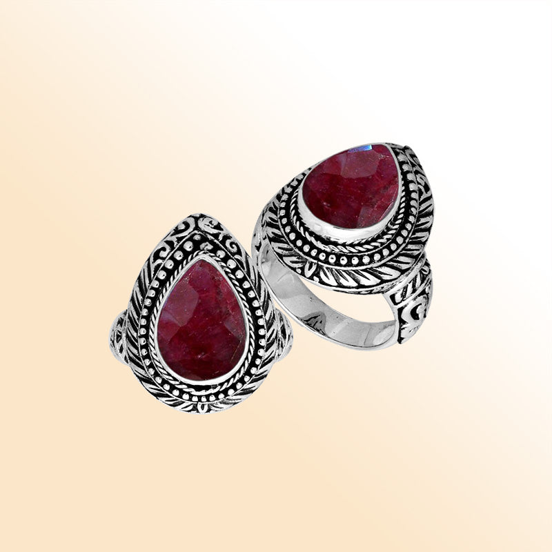 Sterling Silver Balinese Ruby Quartz Ring With Elegant Pear Shape Design