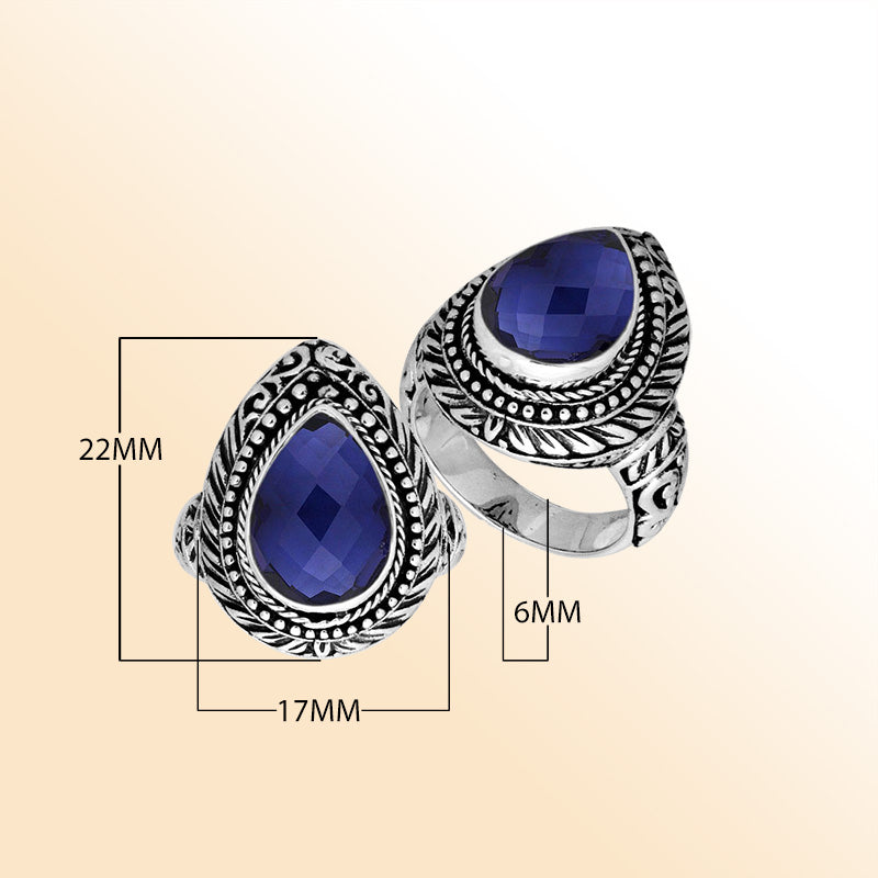 Sterling Silver Balinese Blue Sapphire Quartz Ring With Elegant Pear Shape Design