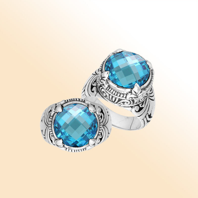 Sterling Silver Balinese Blue Topaz Quartz Ring With Elegant Round Shape Design