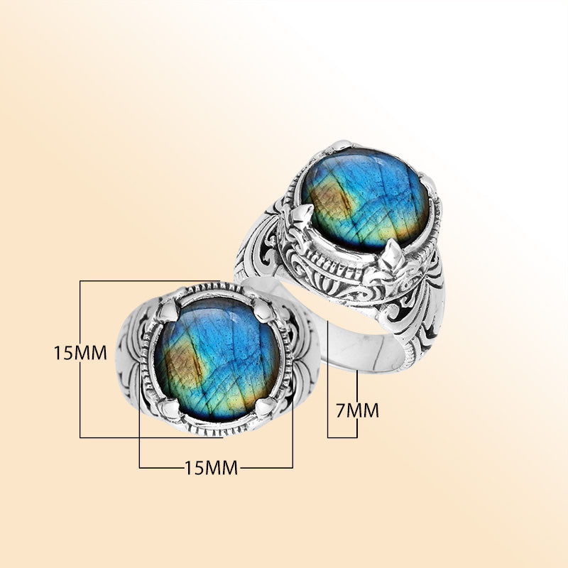 Sterling Silver Balinese Labradorite Ring With Elegant Round Shape Design
